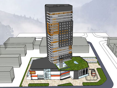 草圖大師辦公類模型28：現代風格高層辦公樓、底層商業建筑模型