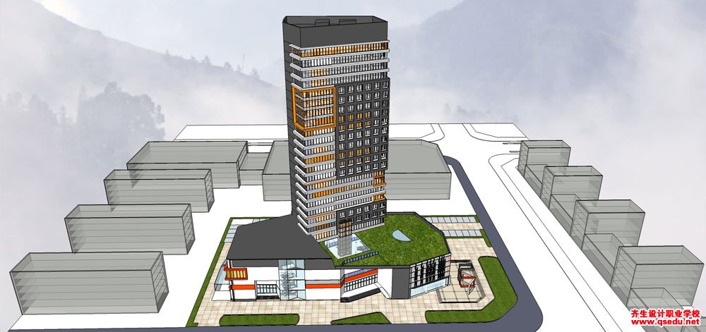 草圖大師辦公類模型28：現代風格高層辦公樓、底層商業建筑模型