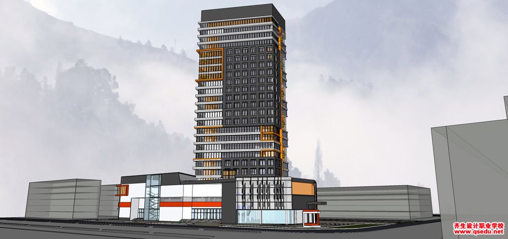 草圖大師辦公類模型28：現代風格高層辦公樓、底層商業建筑模型