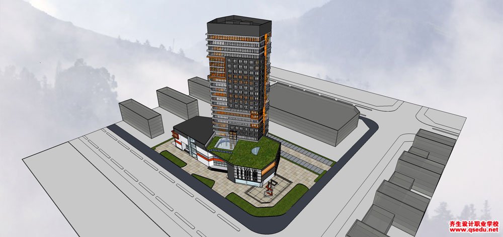 草圖大師辦公類模型28：現代風格高層辦公樓、底層商業建筑模型